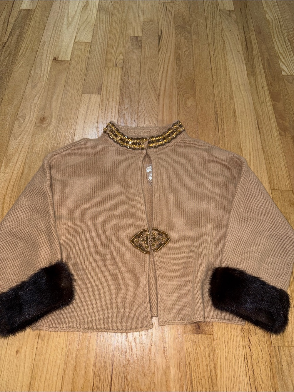 NWT White + Warren Camel Cashmere Mink Beaded Poncho Shawl Sz L